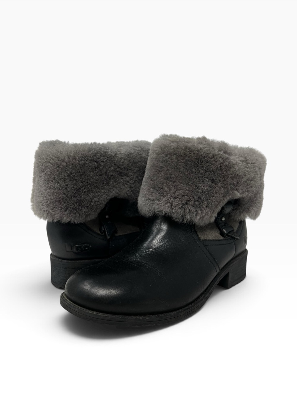 UGG Black Leather Ankle Booties with Gray Shearling Cuff